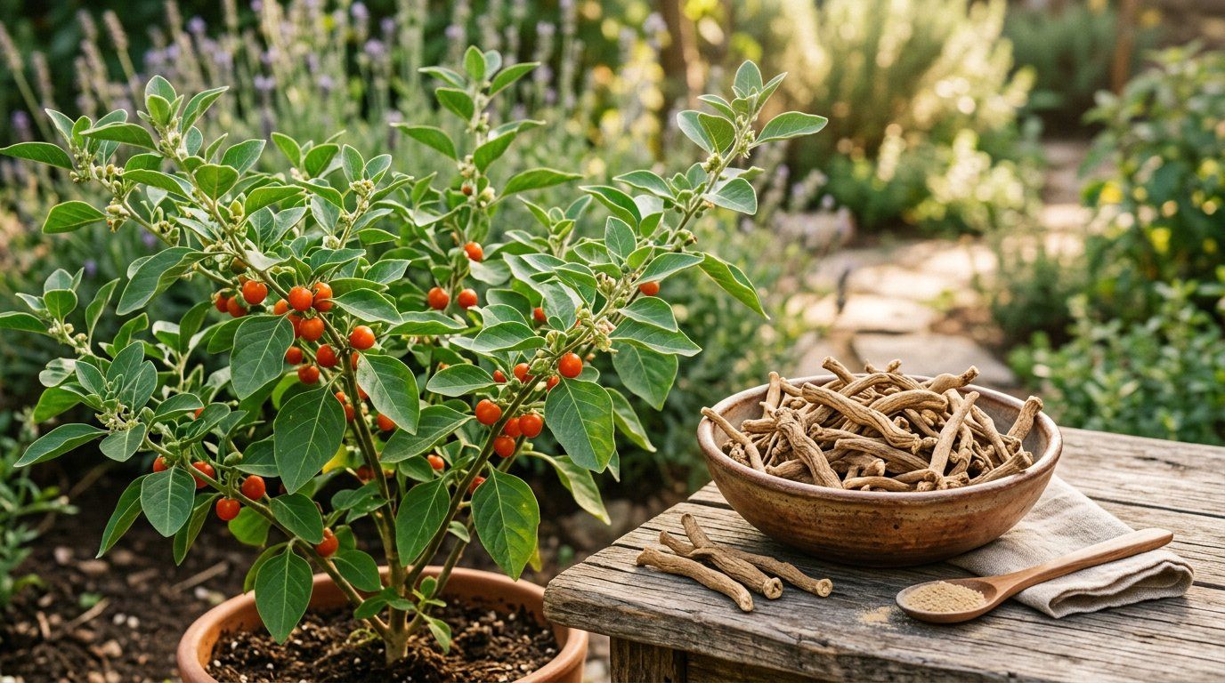 অশ্বগন্ধা গাছের পাতা, লাল ফল ও মূল